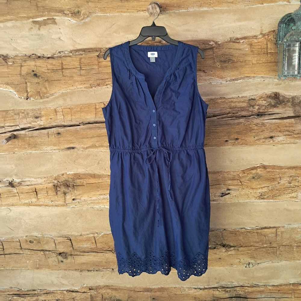 Old Navy Navy Sleeveless Split Neck Drawstring Waist Cotton Midi Dress Large